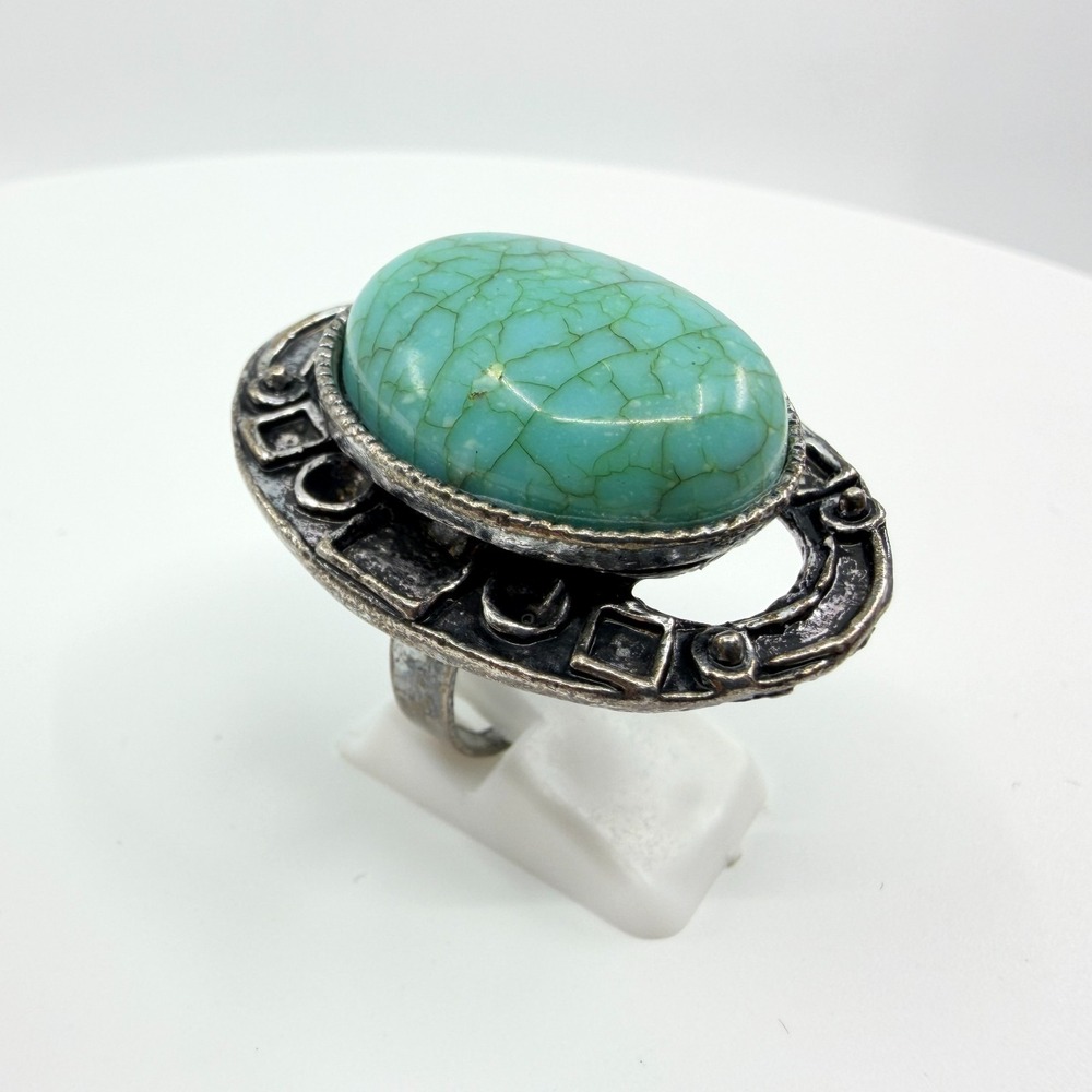 Vintage Faux Turquoise Statement Ring Silver Tone Boho Oval 90s